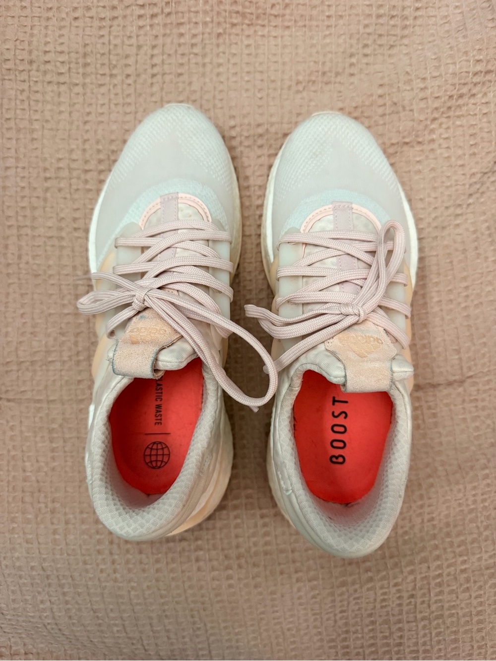 adidas Women’s Light Pink and White Boost Lace-Up Sneakers